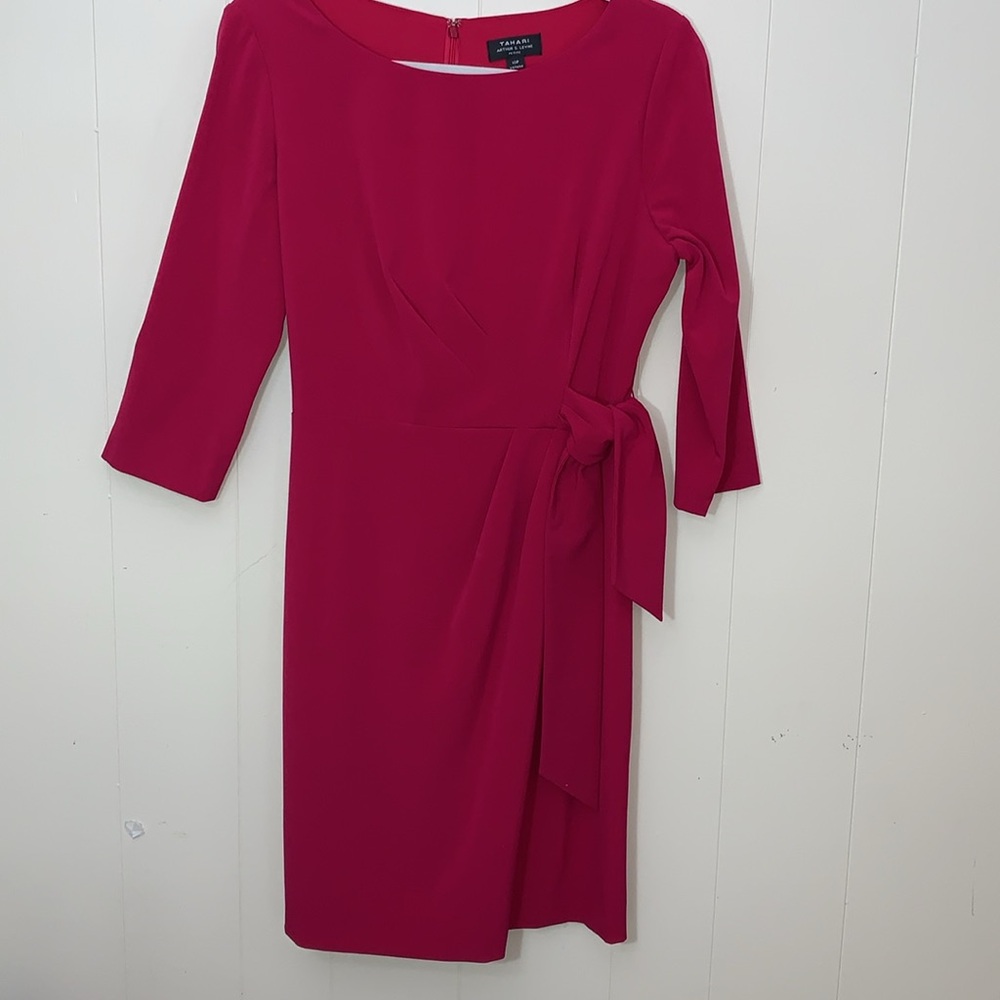 Tahari Bold Pink Long-Sleeve Sheath Dress with Side Tie
